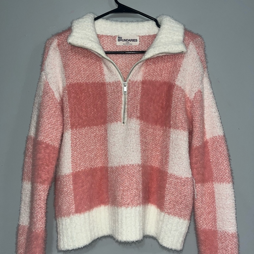 No Boundaries Pink and White Checkered Women's Sweater